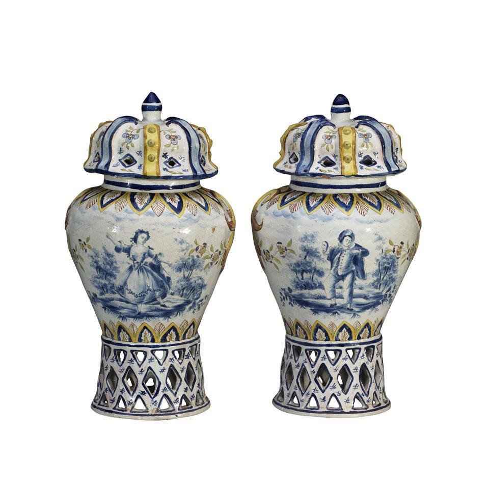Pair of French Faience Potpourri Vases and Covers, possibly Rouen, 19th century