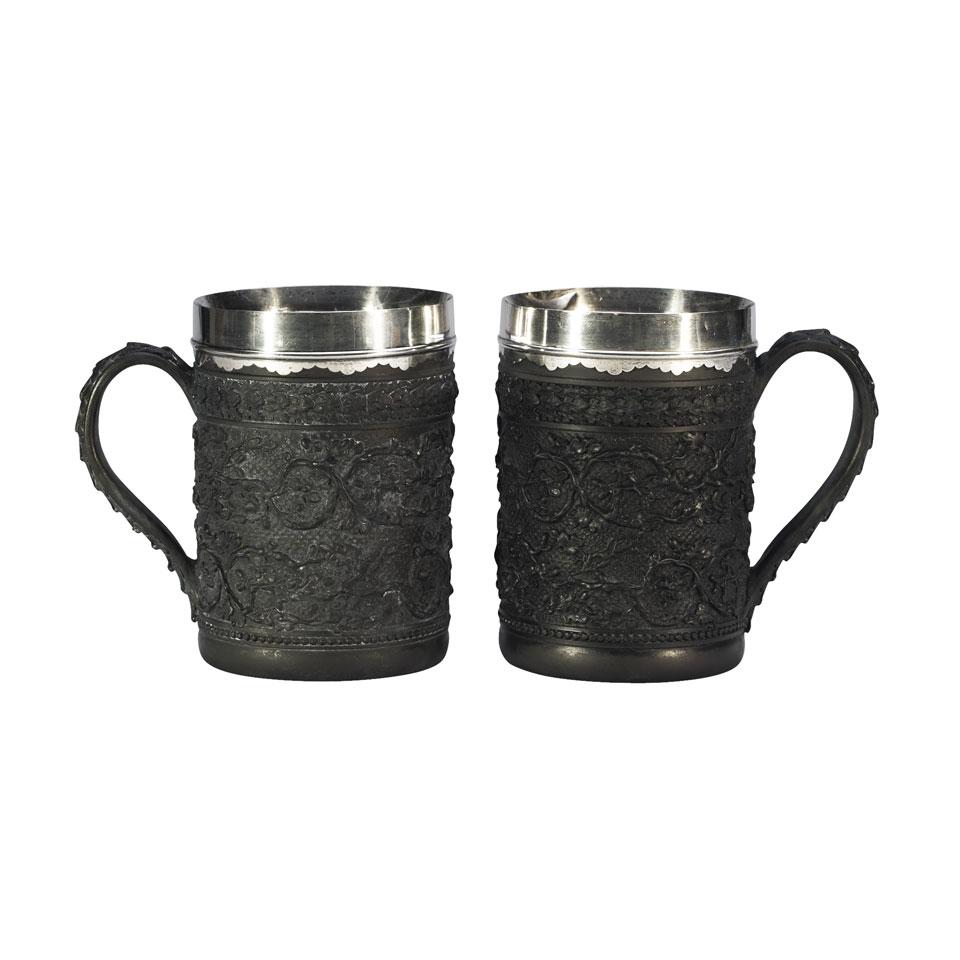 Pair of Wedgwood Silver Mounted Black Basalt Cider Mugs, c.1780-95