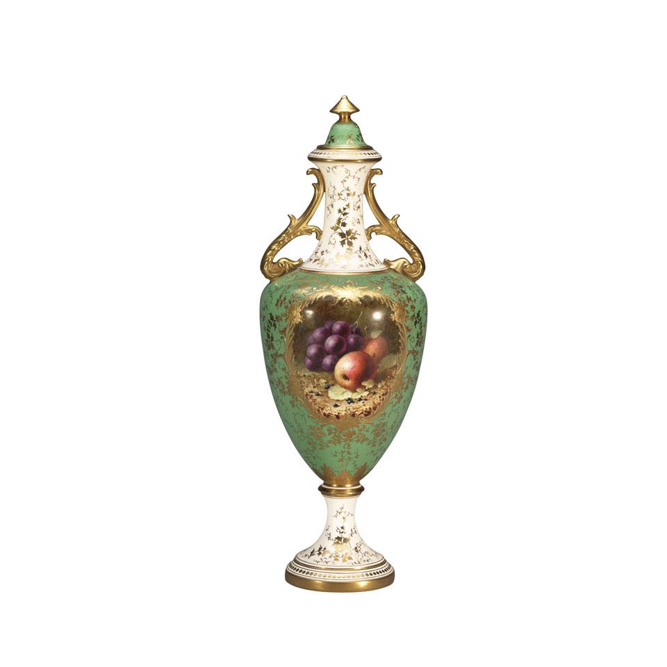 Coalport Apple Green Ground Two-Handled Vase and Cover, Frederick H. Chivers, c.1910