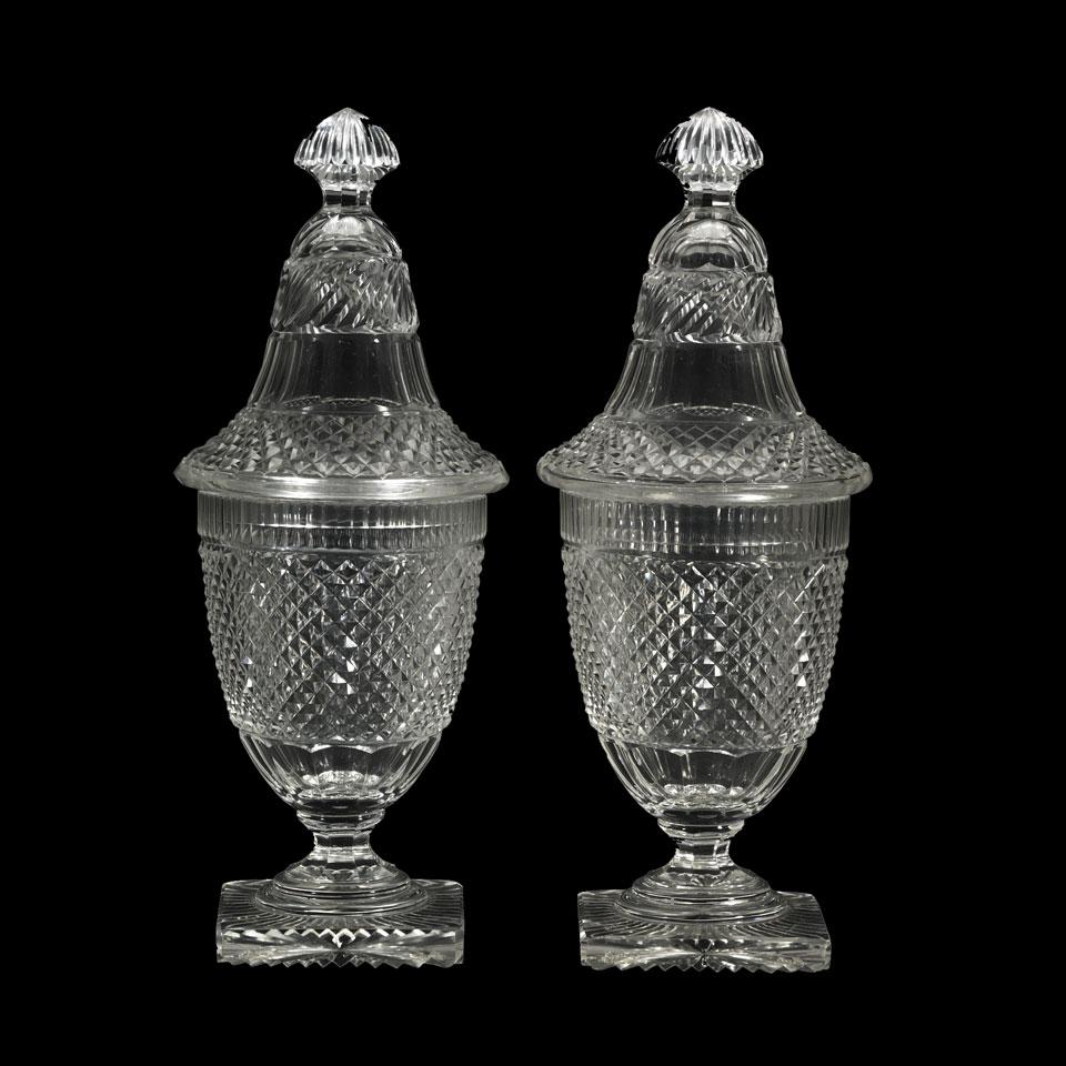 Pair of Cut Glass Covered Sweetmeat Vases, 20th century