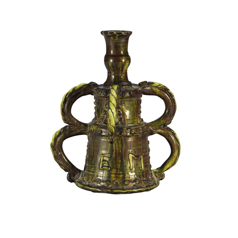 Edward Bingham, Castle Hedingham Pottery Candlestick, in the 17th century manner, late 19th century
