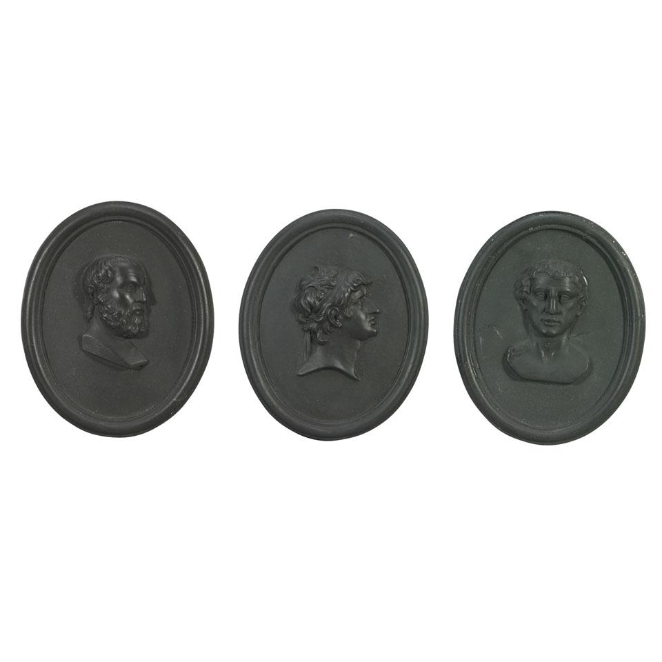 Three Wedgwood Basalt Portrait Medallions of Greek Philosophers, late 18th century