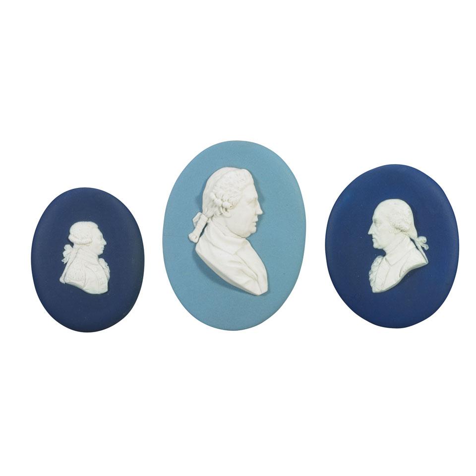 Three Wedgwood Blue Jasper and Jasper-Dip Portrait Medallions, mid-19th century