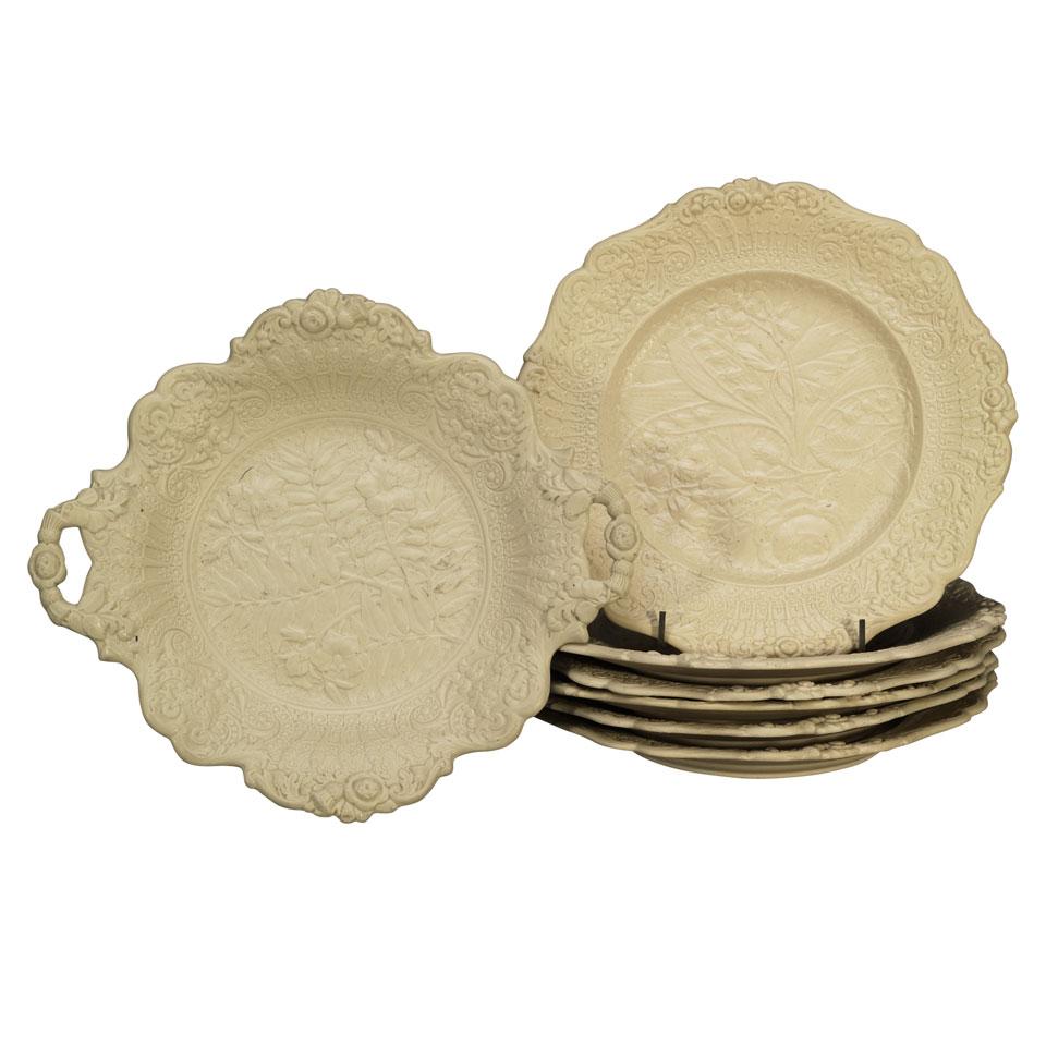Victorian Moulded Drabware Two-Handled Dessert Dish and Six Plates, mid-19th century