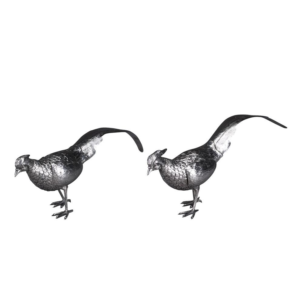 Pair of Peruvian Silver Models of Pheasants, 20th century