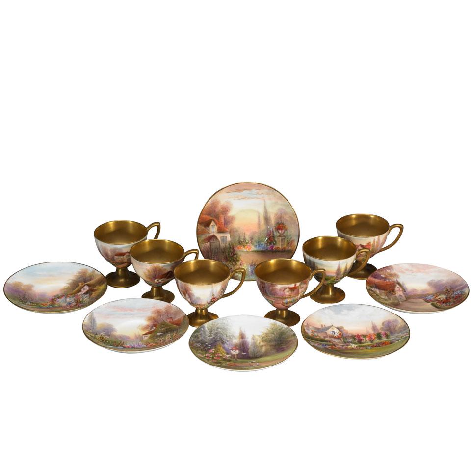 Six Royal Worcester Cottage Garden Cups and Saucers, Raymond Rushton, c.1916-18