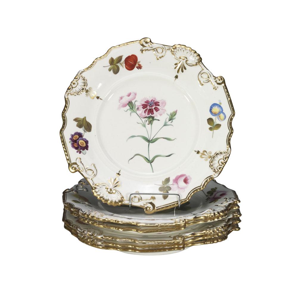 Six English Porcelain Botanical Style Dessert Plates, c.1825