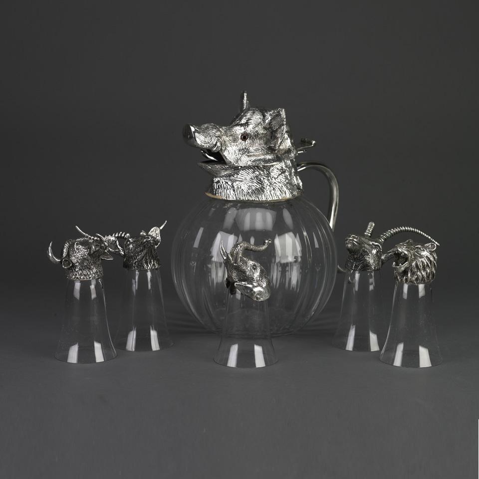 Spanish Silver Plated Boar’s Head Mounted Glass Wine Jug and Five Goblets, Valenti, Barcelona, 20th century