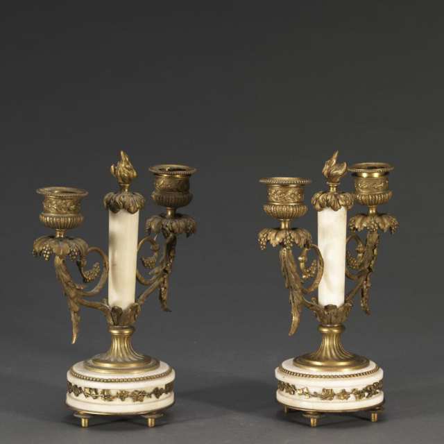 Pair Louis XVI Ormolu Mounted Marble Two Branch Candelabra