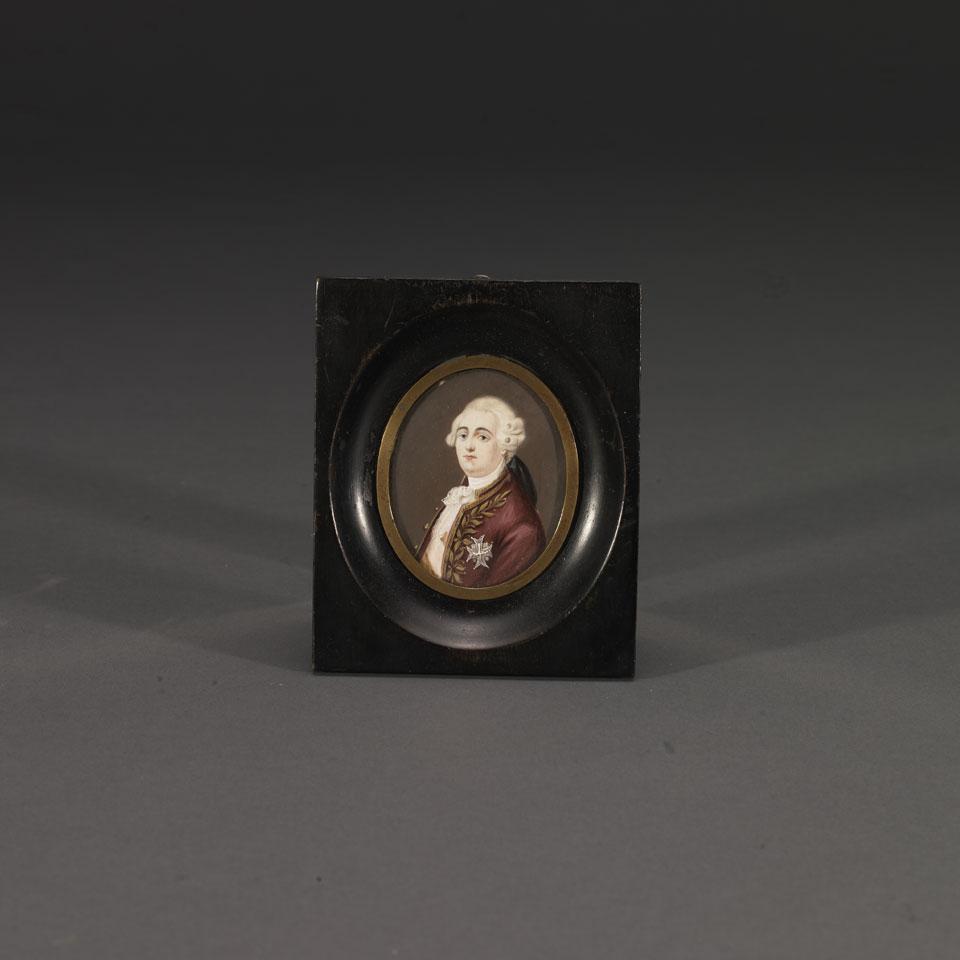 French Miniature Portrait on Ivory Oval of a Gentleman in Powder Wig, 19th century