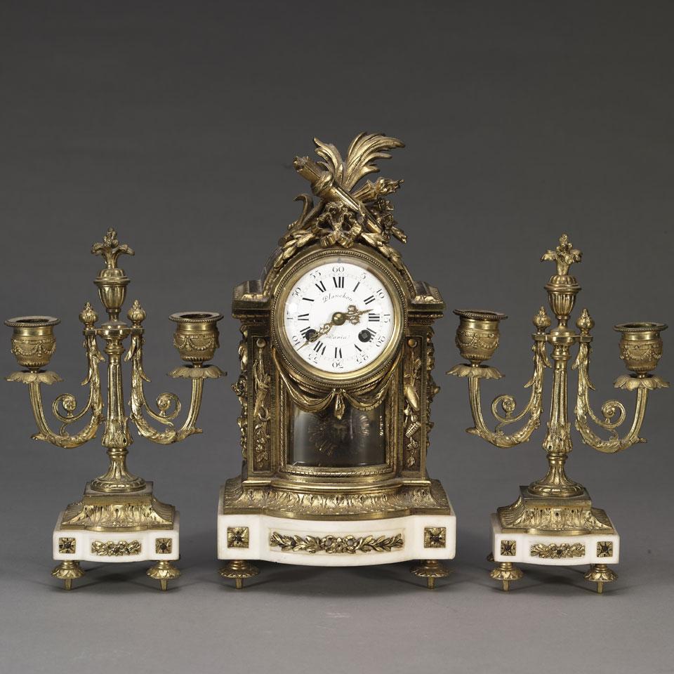 Louis XVI Style Marble Mounted Ormolu Mantel Clock Garniture, c.1900