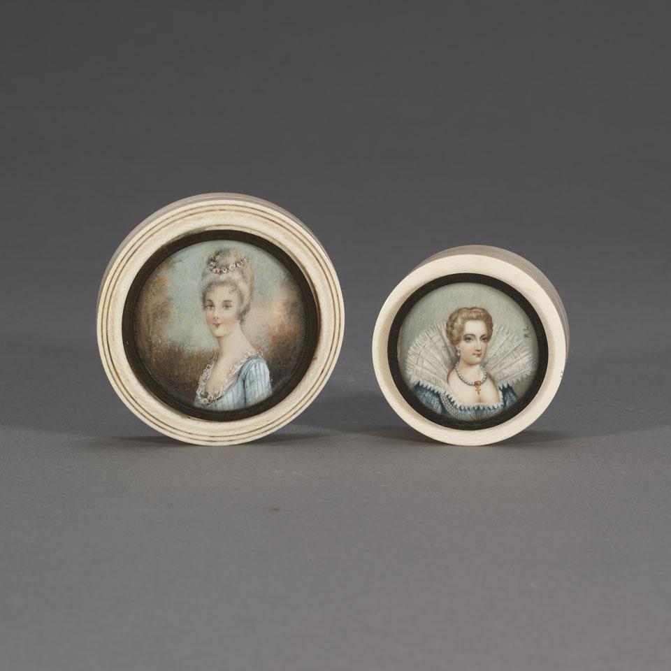 Two French Ivory Portrait Miniature Patch Boxes, c.1900
