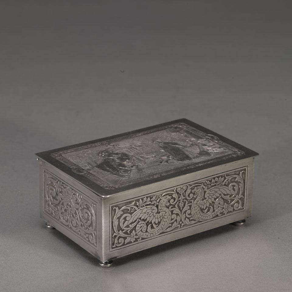 Renaissance Style Silver Plated Swiss Musical Cigarette Box, early-mid 20th century 