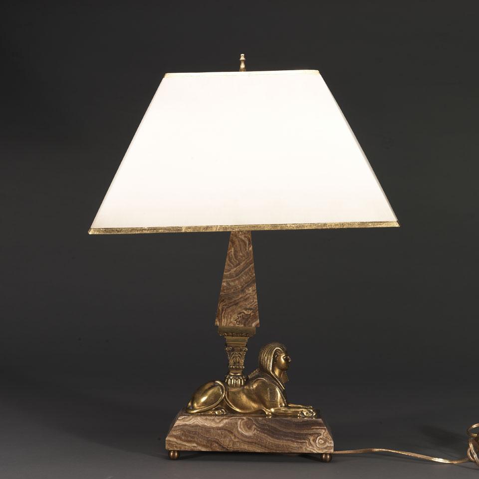 Ormolu Mounted Onyx Sphinx Form Desk Lamp, mid 20th century