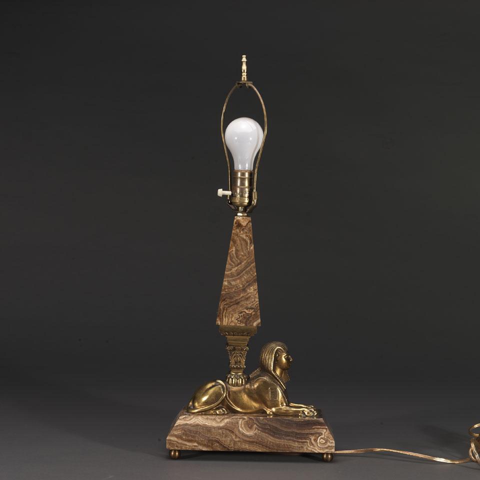 Ormolu Mounted Onyx Sphinx Form Desk Lamp, mid 20th century