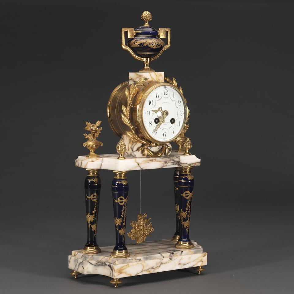 French Porcelain and Ormolu Mounted Marble Mantle Clock, 20th century