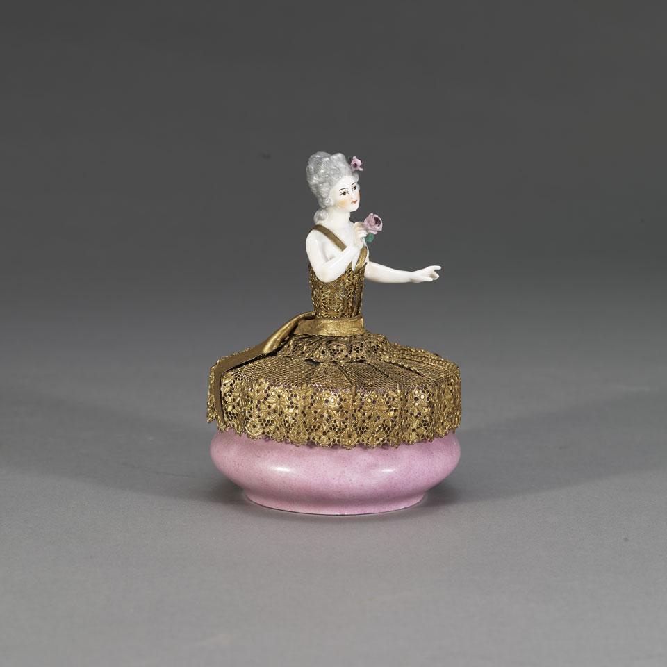 Ormolu Mounted Sevres Style Porcelain Half Doll Powder Box, early 20th Century