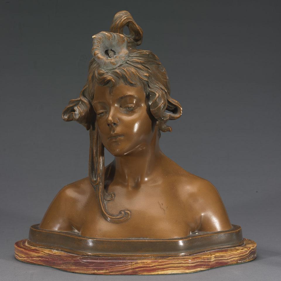 French Art Nouveau Patinated Metal Bust of a Young Beauty, early 20th century