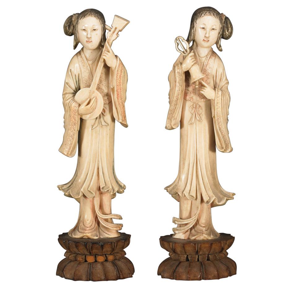 Pair of Export Tinted Ivory Musicians, Qing Dynasty, 19th Century