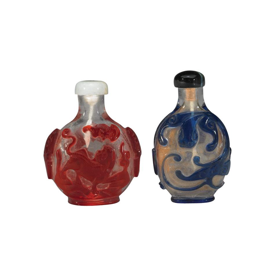 Two Colour Overlay Glass Snuff Bottles, 19th Century
