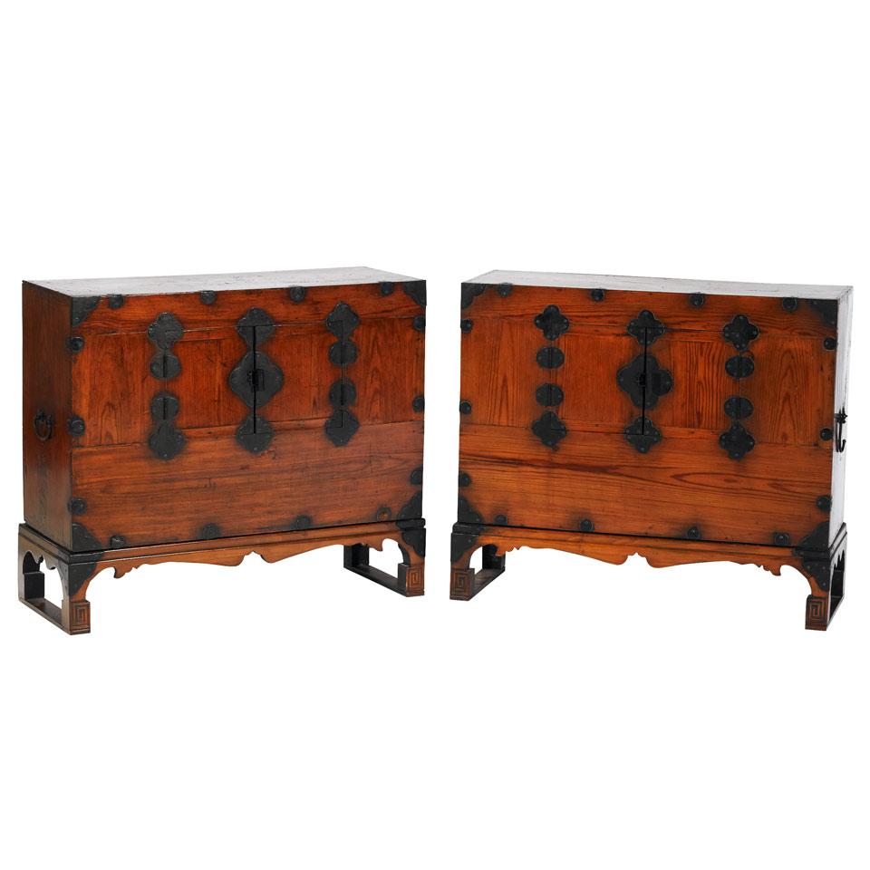 Pair of Korean Low Wood Chests on Stands, Bandaji