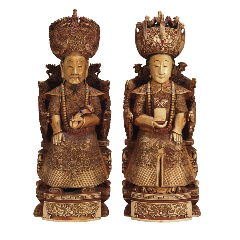Pair of Large Tinted Ivory Carved King and Queen