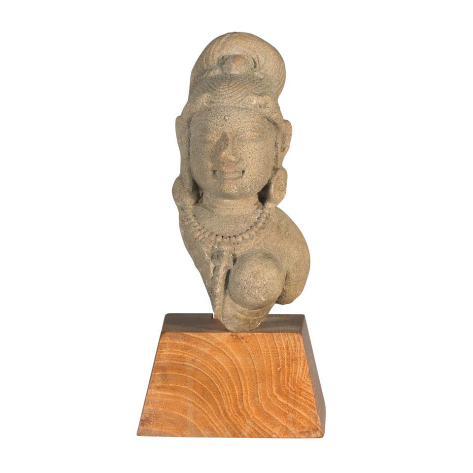 Sandstone Bust Fragment of Bu Devi or Ganga, Rajasthan 14th/16th Century