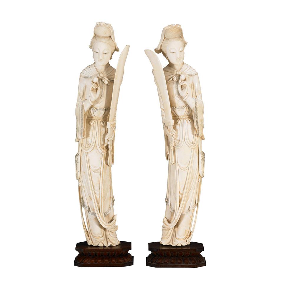 Pair of Ivory Carved Female Warriors