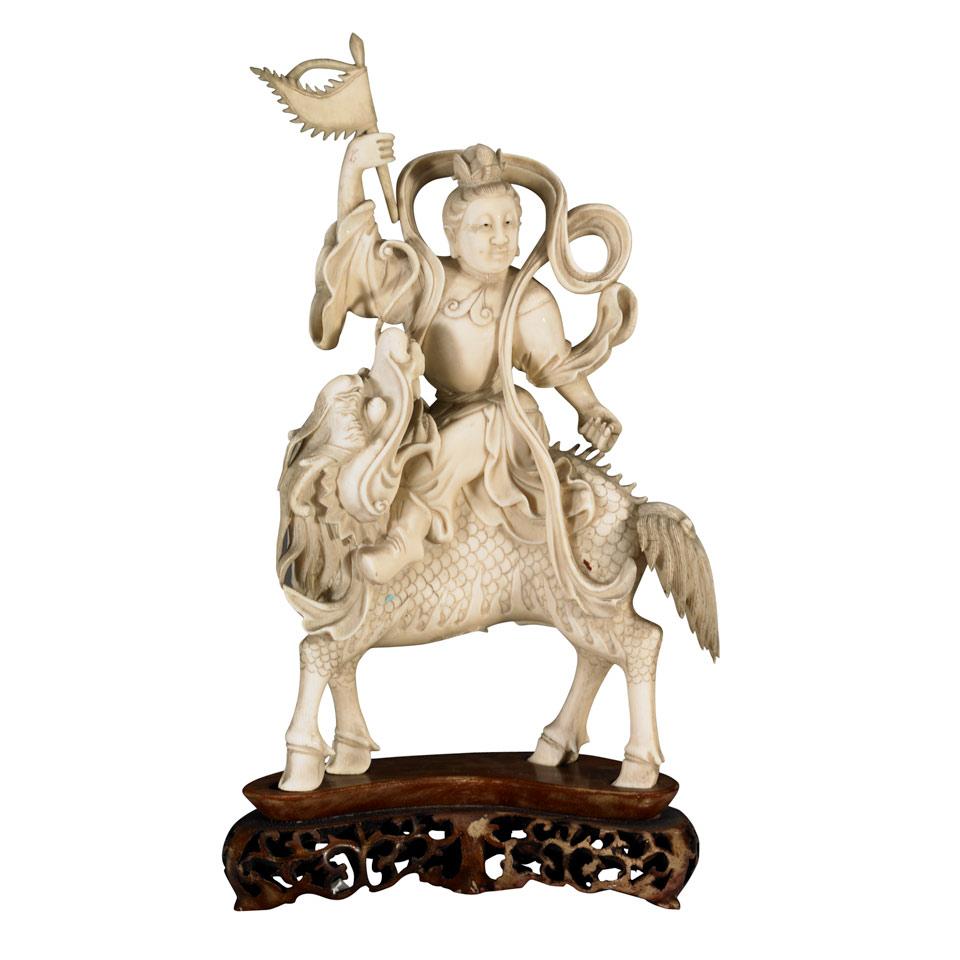 Ivory Carved Heavenly Warrior on a Qilin 