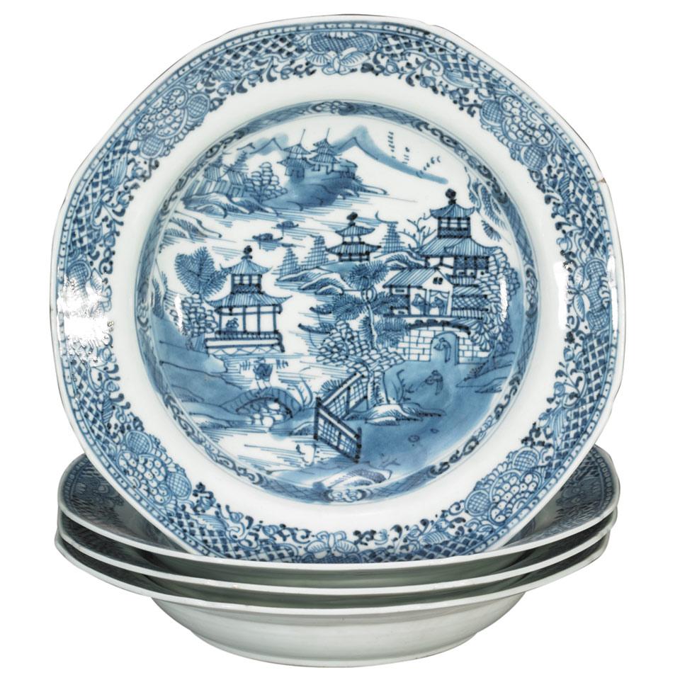 Four Export Blue and White Dishes, 19th Century
