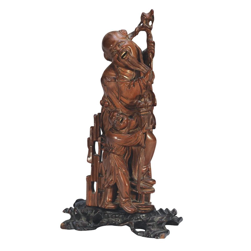 Hardwood and Ivory Carving of Shoulao and Attendant, Early 20th Century