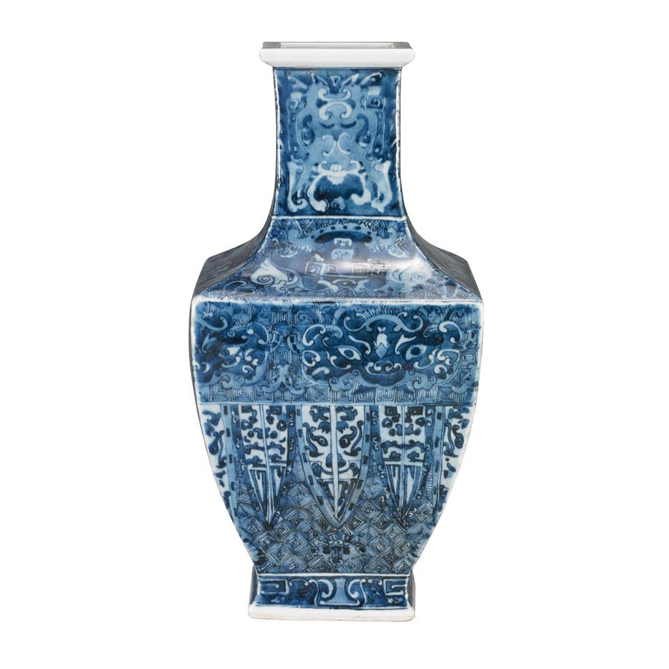Unusual Archaistic Blue and White Vase, Fanghu, Qing Dynasty, 19th Century