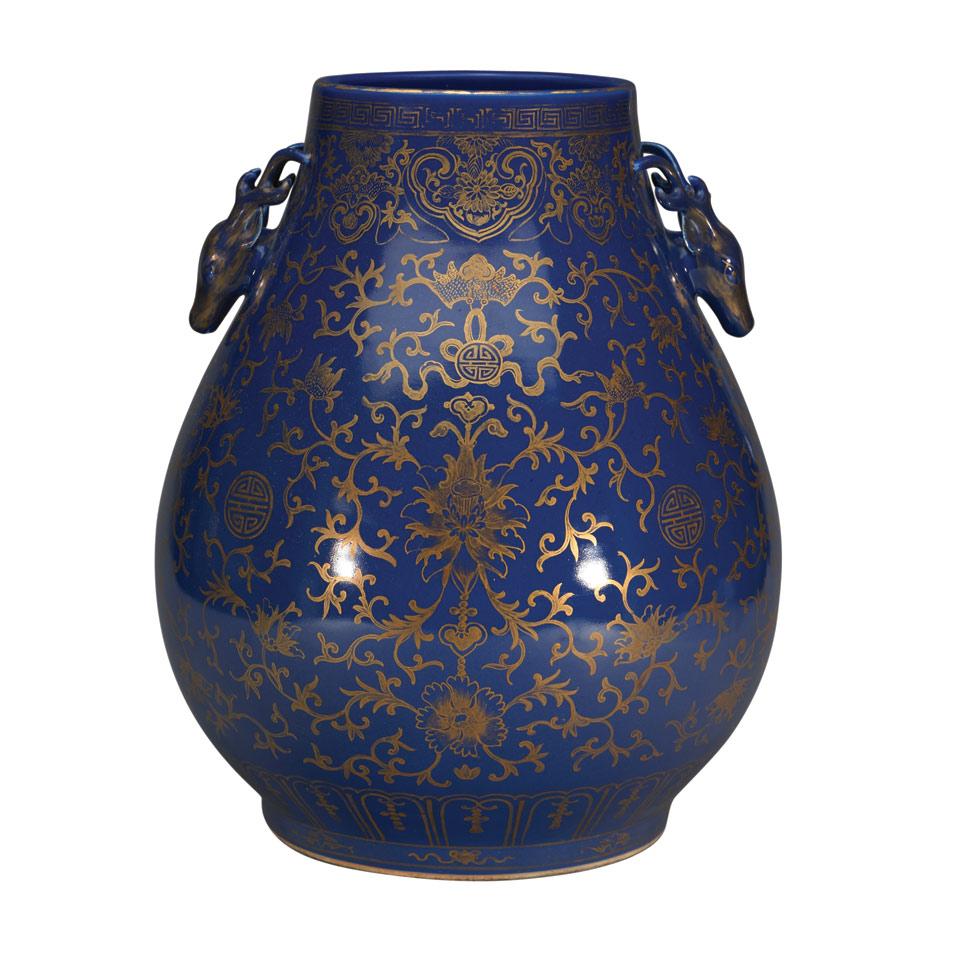 Large Gilt Decorated Blue Glazed Hu Vase, Qianlong Mark, Early 20th Century