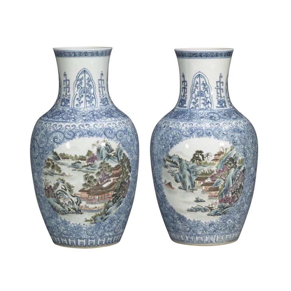 Pair of Blue, White and Famille Verte Landscape Vases, Qianlong Mark, Republican Period