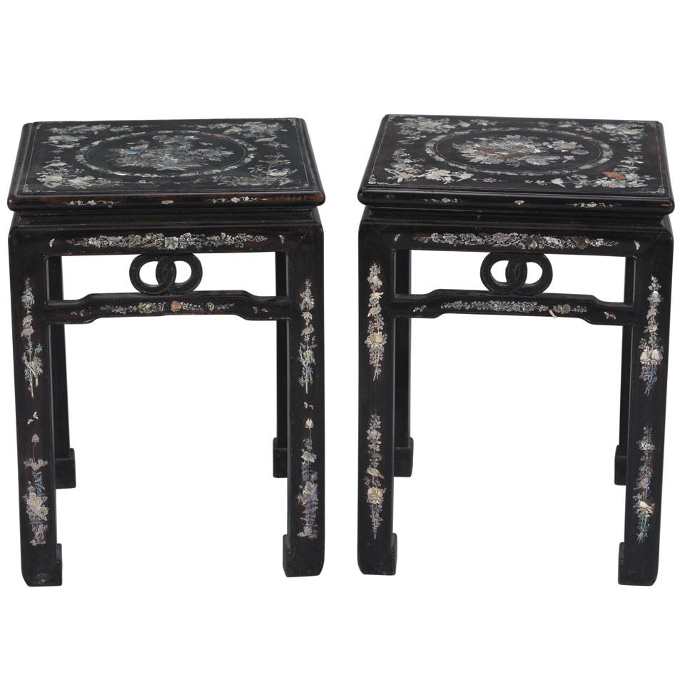 Pair of Black Wood Stools with Mother-of-Pearl Inlay, Qing Dynasty, 19th Century