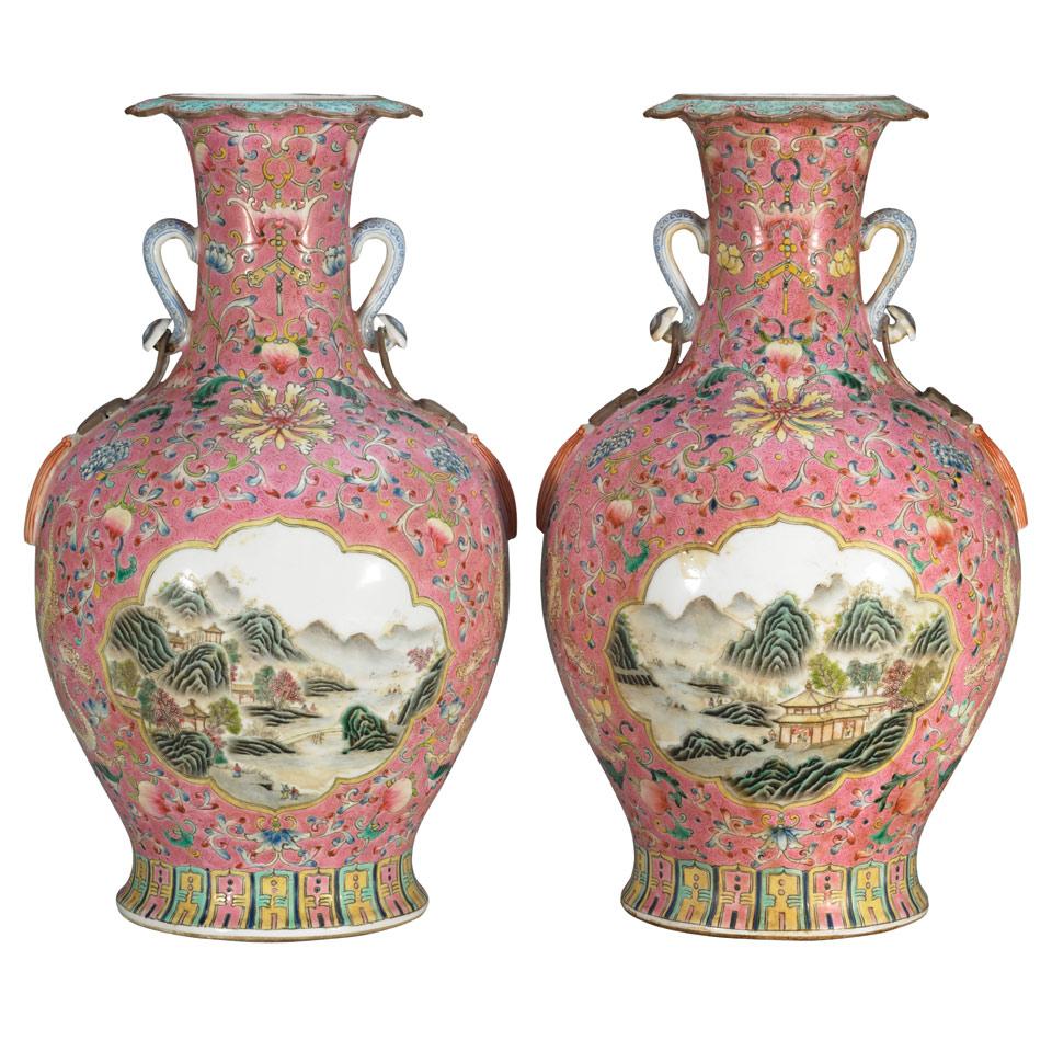 Pair of Pink Scraffito Ground Vases, Republican Period, Early 20th Century