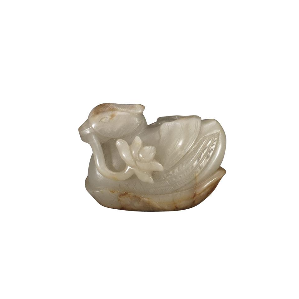 Mottled Jade Carving of a Mandarin Duck, Ming Dynasty, 16th/17th Century