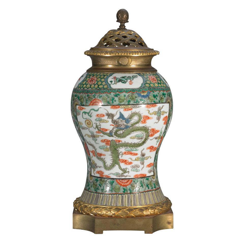 Famille Verte Dragon Vase with Ormolu Mounts, Qing Dynasty, 19th Century