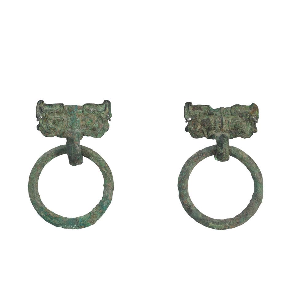 Pair of Bronze Taotie Mask and Ring Handles, Warring States Period, 5th to 3rd Century BC