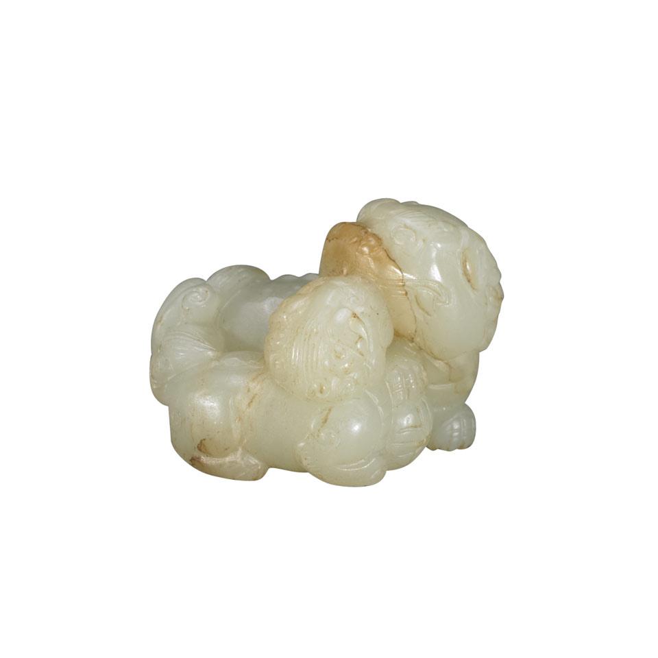 Pale Celadon Jade Fu-Lion Group, Qing Dynasty