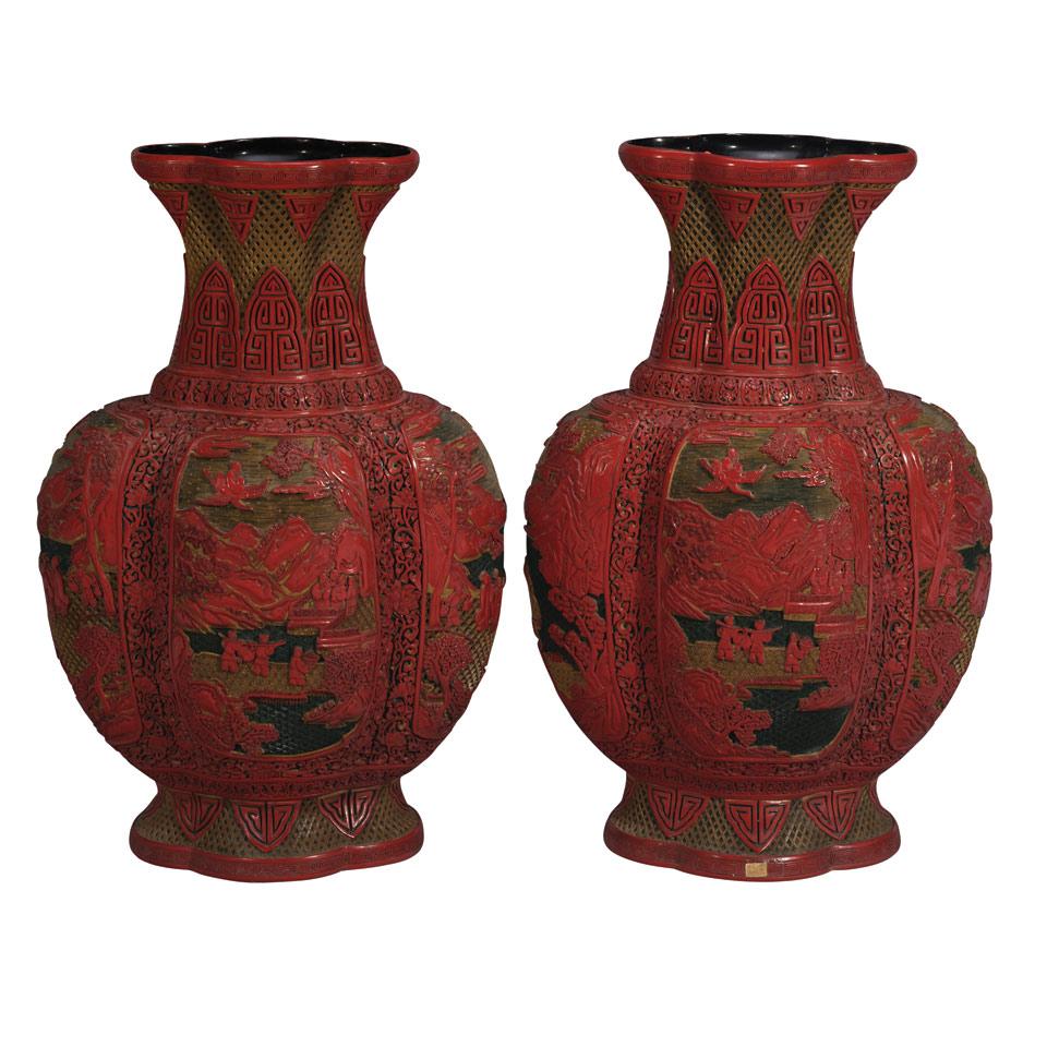 Pair of Large Red Lacquer Vases