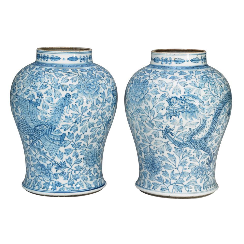 Pair of Blue and White Temple Jars, Qing Dynasty