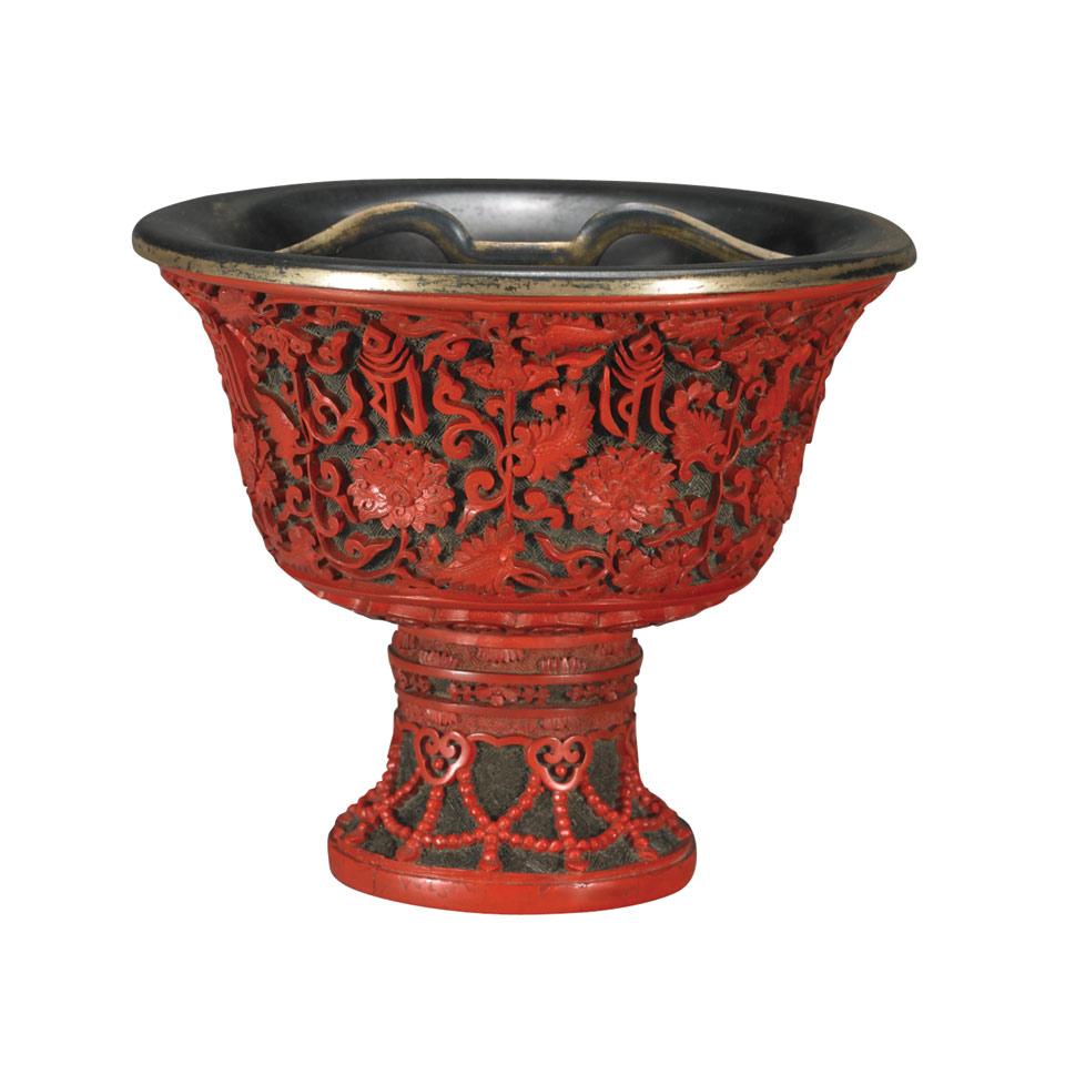 Rare Imperial Cinnabar Lacquer Stembowl, Qing Dynasty, Qianlong Mark and Period (1736-1795)