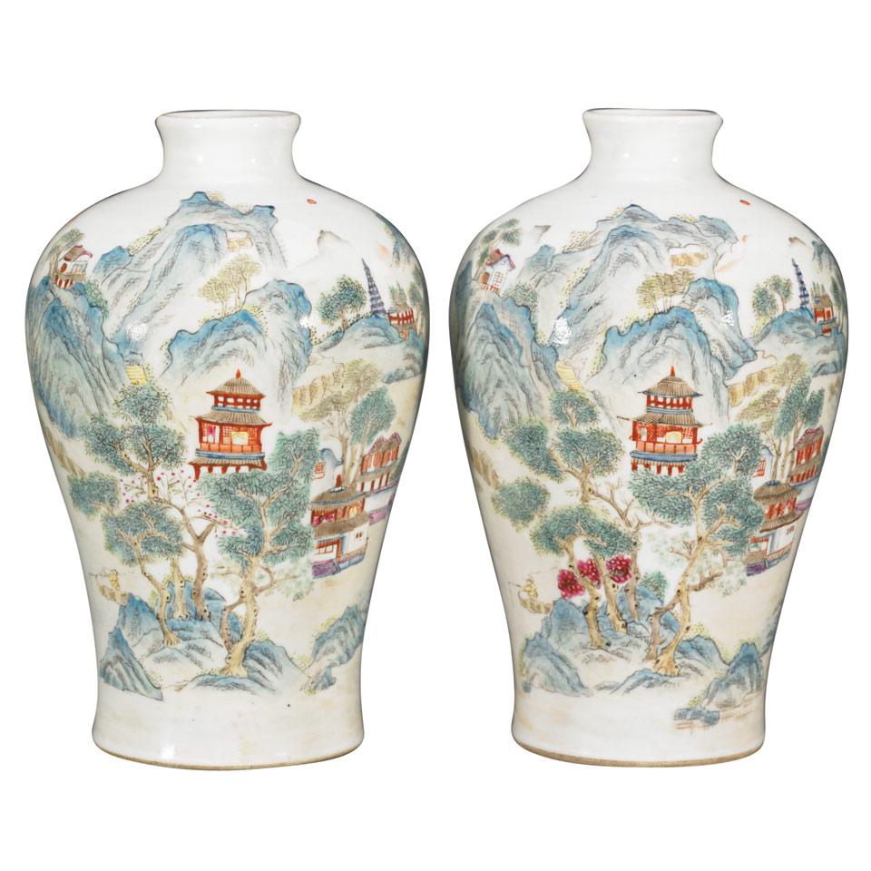 Pair of Famille Verte Landscape Vases, Qianlong Mark, Republican Period, Early 20th Century