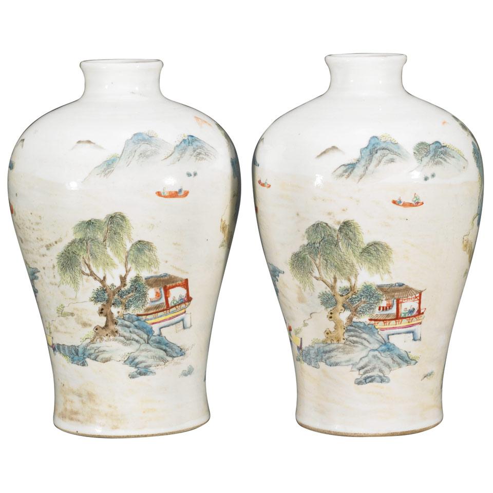 Pair of Famille Verte Landscape Vases, Qianlong Mark, Republican Period, Early 20th Century