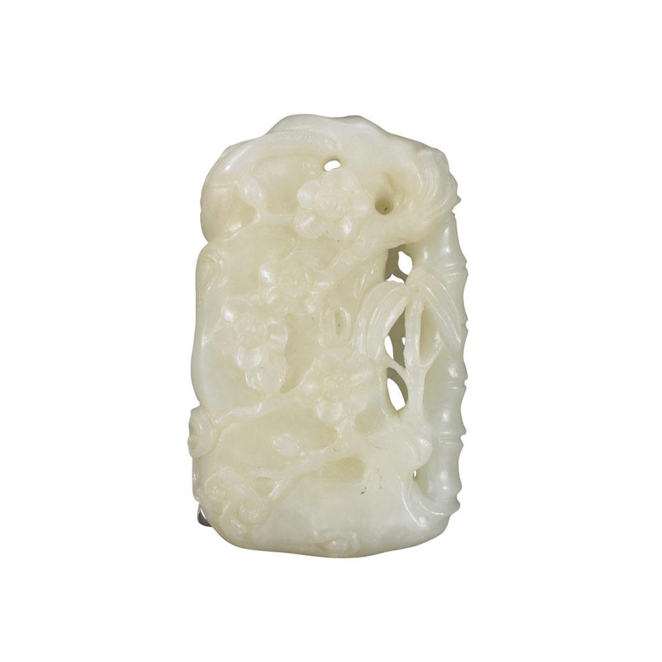 White Jade Inscribed Magpie, Bamboo and Prunus Pendant, Qing Dynasty, 18th/19th Century
