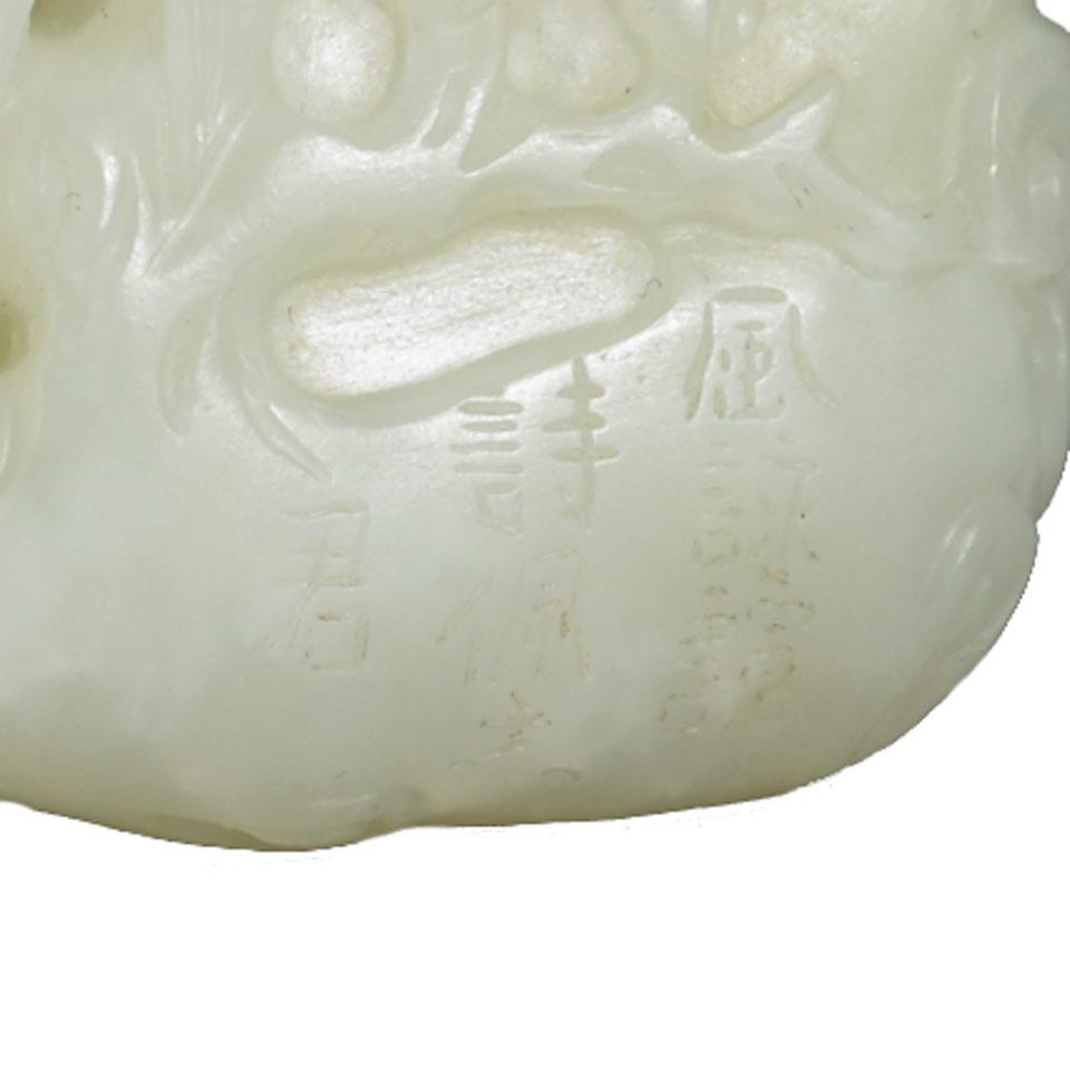 White Jade Inscribed Magpie, Bamboo and Prunus Pendant, Qing Dynasty, 18th/19th Century