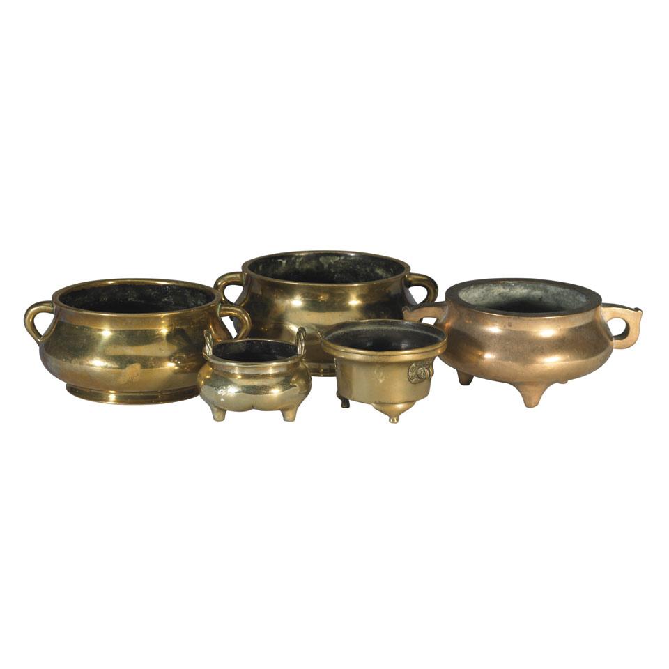 Five Bronze Censers, Xuande Mark, Qing Dynasty, 19th Century