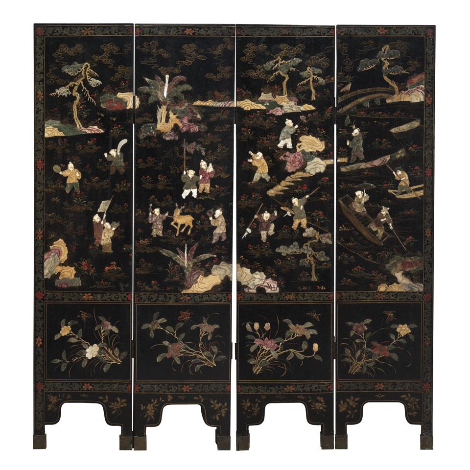 Four Panel ‘Hundred Boys’ Lacquer Divider, Early 20th Century