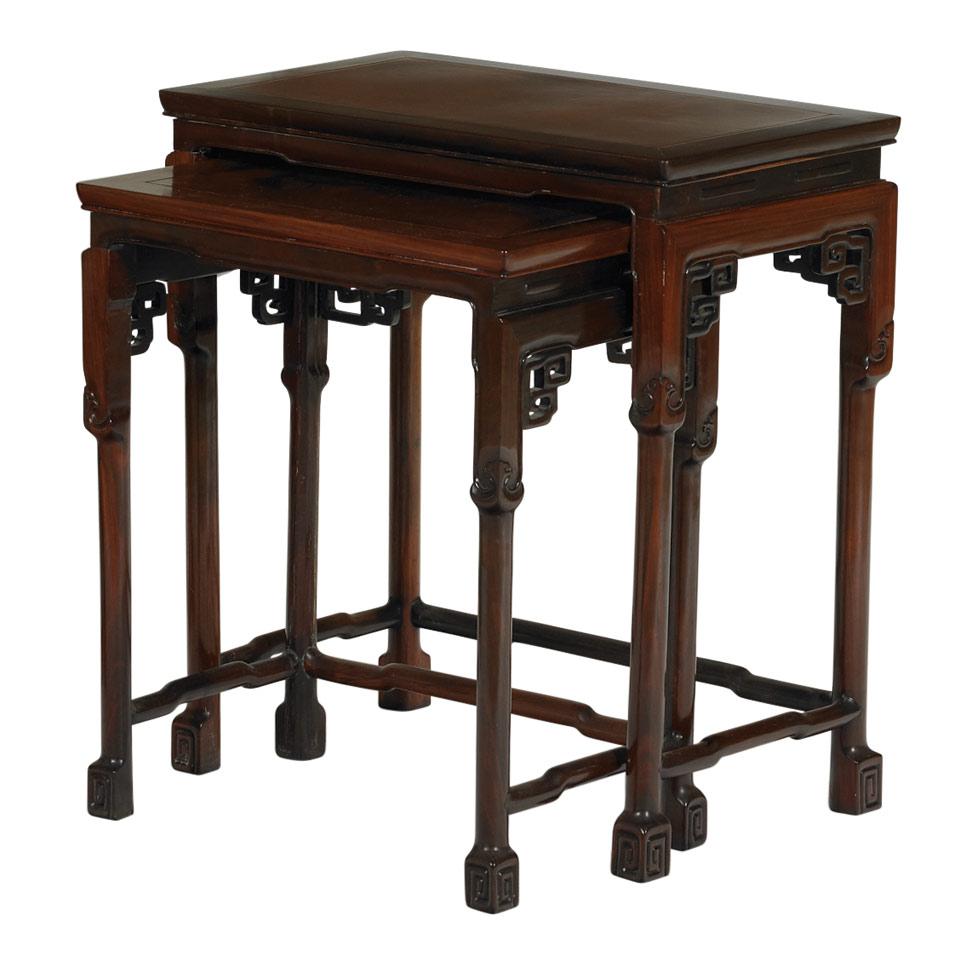 Two Rosewood and Burlwood Nesting Tables